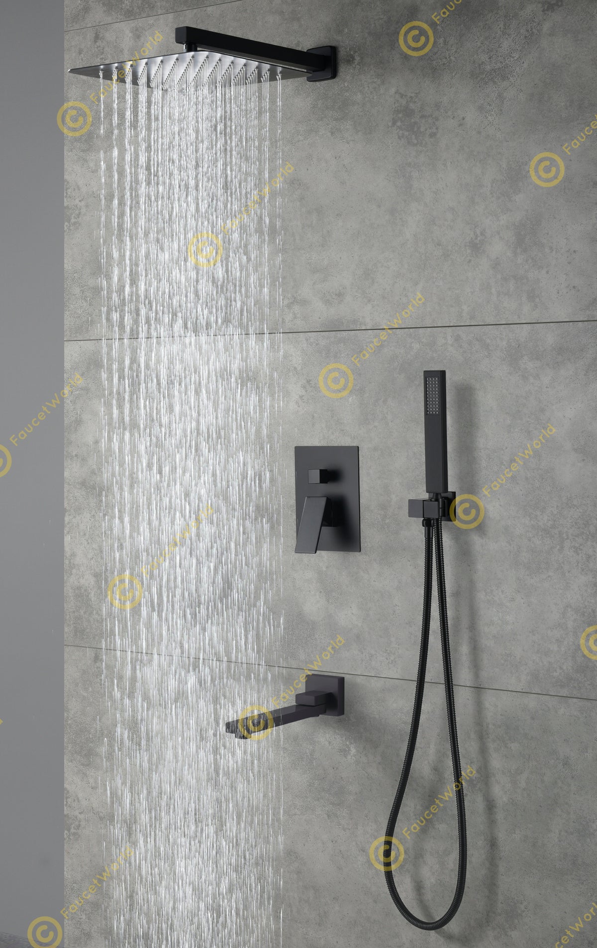 10" Wall Mounted 3 Way Pressure Balance Rainfall Shower System with Tub Spout Matt Black