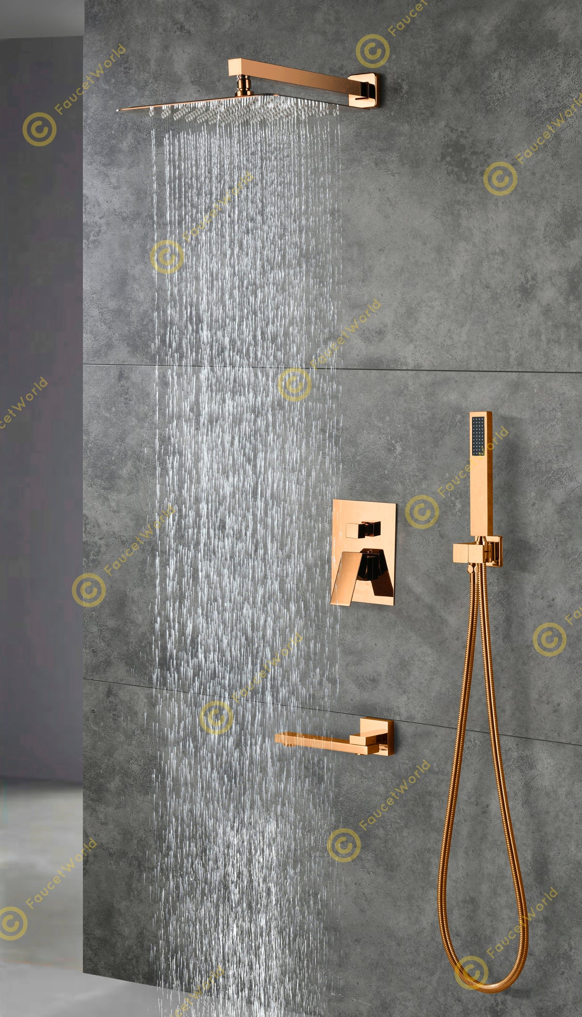 10" Wall Mounted 3 Way Pressure Balance Rainfall Shower System with Tub Spout Rose Gold